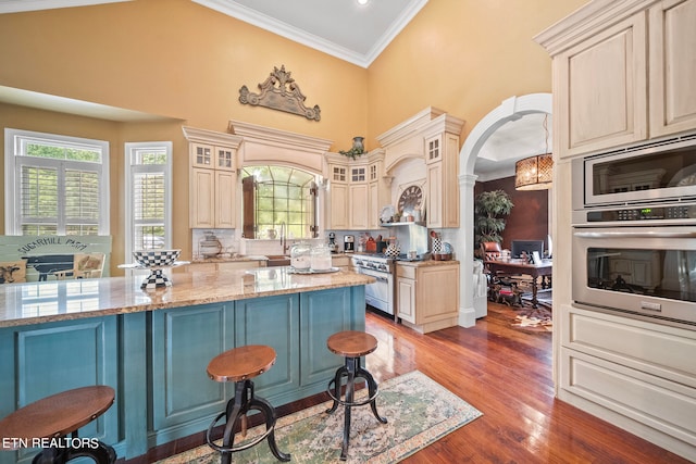 kitchen with light hardwood / wood-style flooring, backsplash, stainless steel appliances, light stone countertops, and ornamental molding