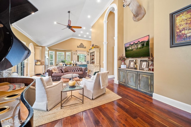 living room featuring wood-type flooring, crown molding, high vaulted ceiling, and ceiling fan