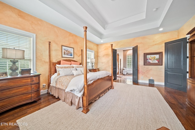 bedroom featuring dark wood-type flooring and a raised ceiling