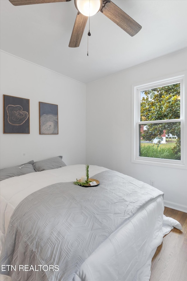 bedroom with hardwood / wood-style flooring and ceiling fan