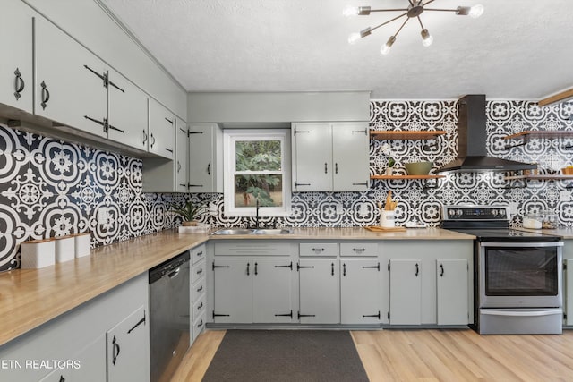 kitchen with decorative backsplash, stainless steel appliances, wall chimney exhaust hood, and sink