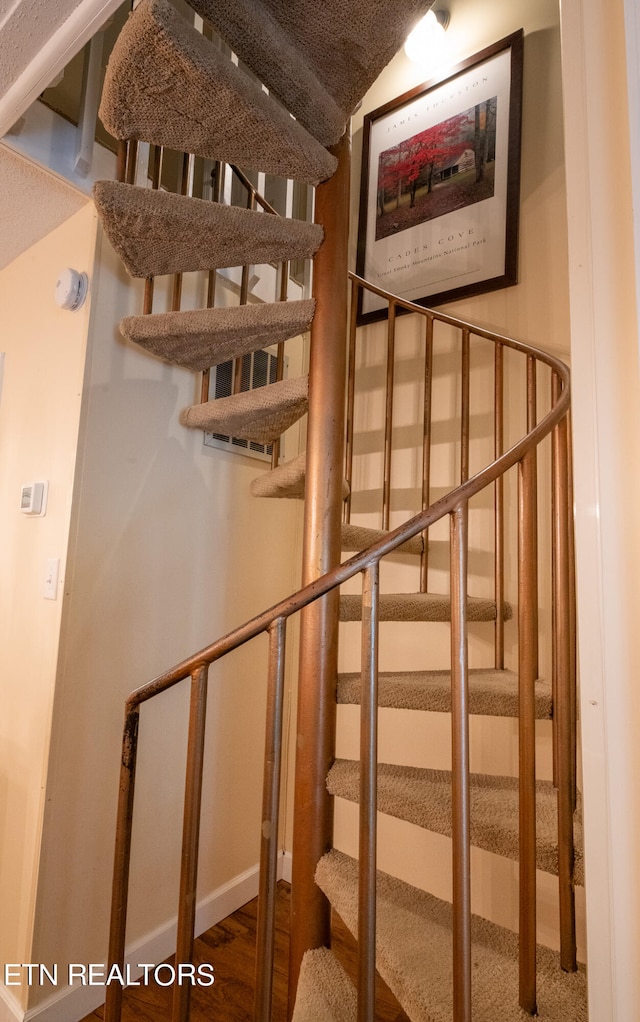 staircase with hardwood / wood-style floors