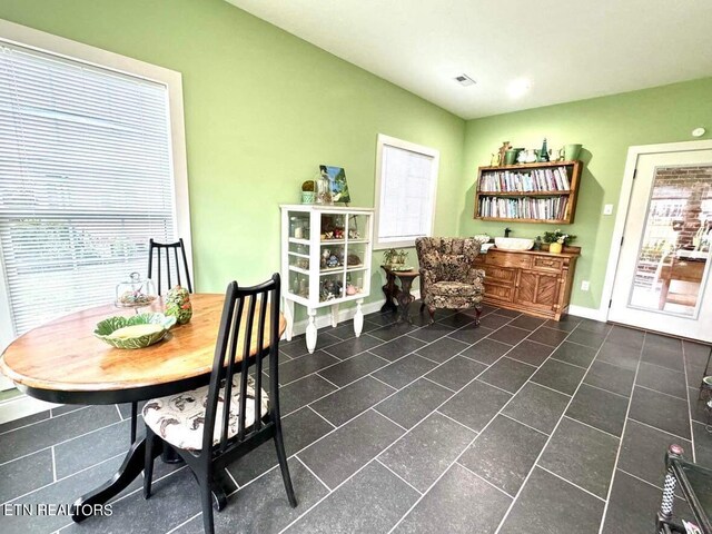 dining area with dark tile patterned flooring and plenty of natural light