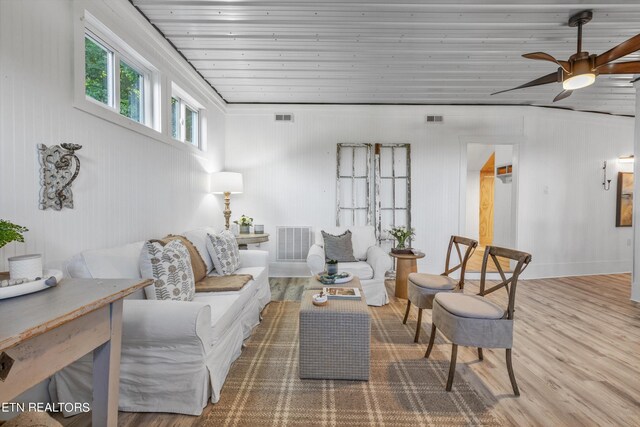 living room with wood ceiling, ceiling fan, and hardwood / wood-style floors