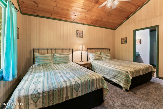 carpeted bedroom with ceiling fan, wood ceiling, and lofted ceiling