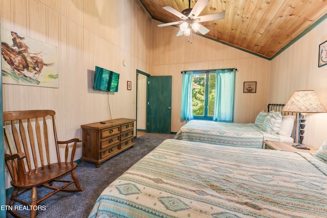 carpeted bedroom with wooden ceiling, vaulted ceiling, and ceiling fan