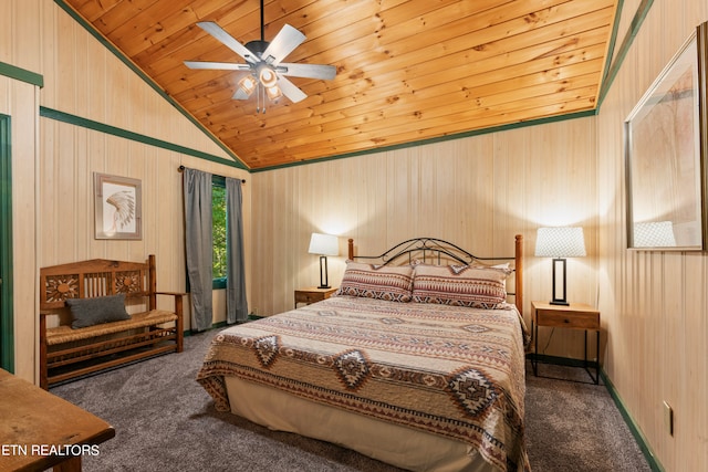 carpeted bedroom with wood ceiling, ceiling fan, and high vaulted ceiling