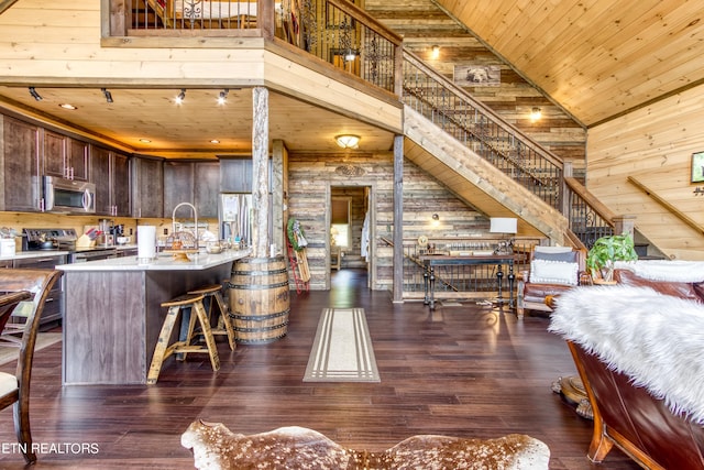 kitchen featuring dark hardwood / wood-style flooring, appliances with stainless steel finishes, and high vaulted ceiling