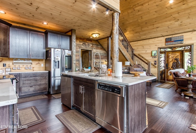 kitchen with dark brown cabinets, wood walls, dark hardwood / wood-style flooring, wood ceiling, and stainless steel appliances