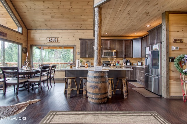 kitchen featuring wood walls, appliances with stainless steel finishes, dark hardwood / wood-style flooring, and a wealth of natural light