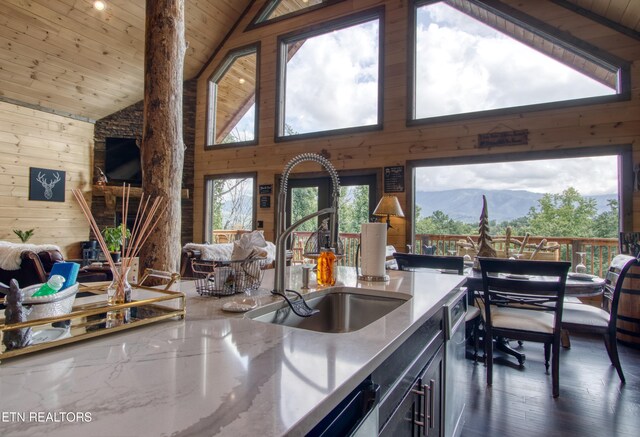 kitchen featuring dark hardwood / wood-style flooring, a mountain view, sink, wood walls, and wood ceiling