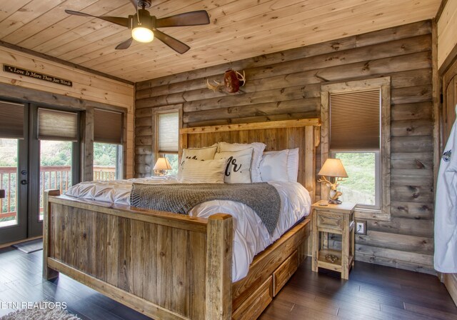 bedroom with ceiling fan, wooden ceiling, dark hardwood / wood-style floors, log walls, and access to exterior