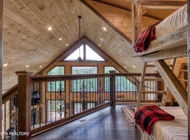 interior space with wood ceiling, high vaulted ceiling, and wood-type flooring