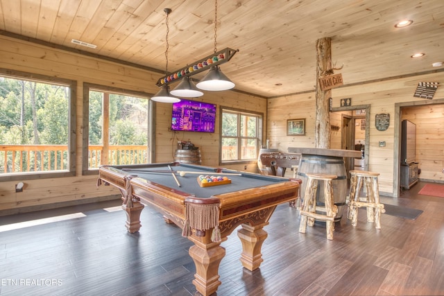 playroom featuring wood walls, dark wood-type flooring, wooden ceiling, and pool table