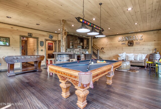 playroom with wood ceiling, wood walls, wood-type flooring, and pool table