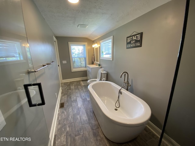 bathroom featuring a bathing tub, vanity, a textured ceiling, and toilet