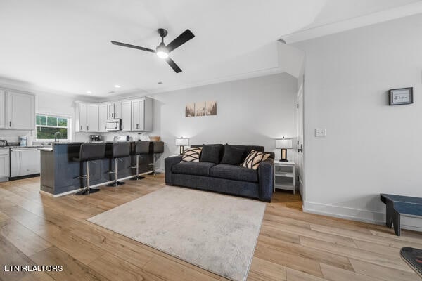 living room featuring ceiling fan and light wood-type flooring