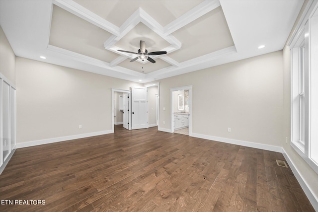 interior space featuring ceiling fan, coffered ceiling, and dark hardwood / wood-style flooring