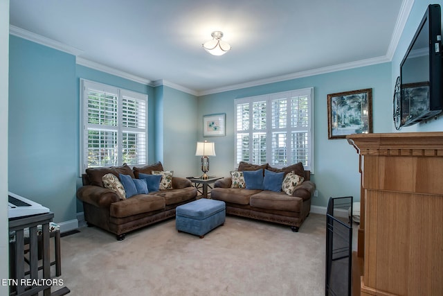 living room with light carpet and ornamental molding