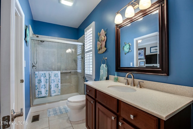 bathroom with vanity, walk in shower, toilet, and tile patterned flooring