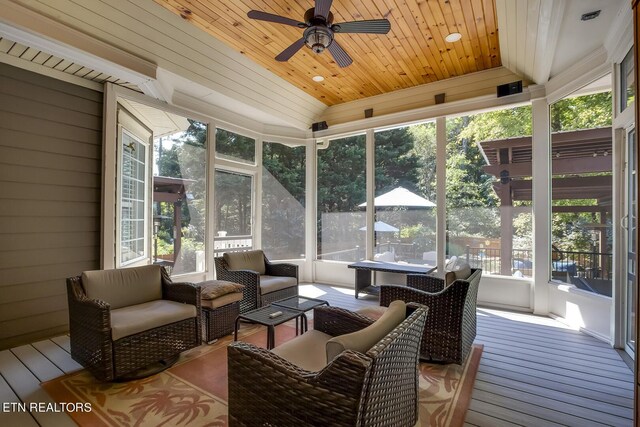 sunroom with wooden ceiling, ceiling fan, and a wealth of natural light