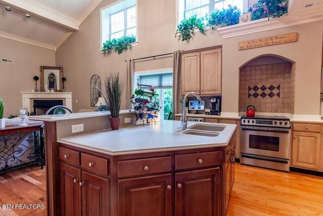 kitchen with stainless steel range oven, light hardwood / wood-style flooring, sink, crown molding, and an island with sink