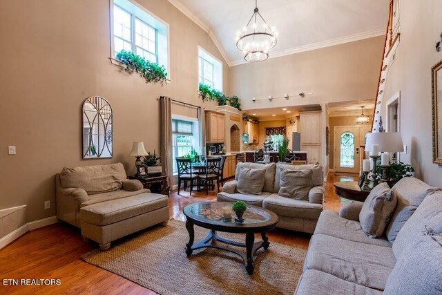 living room with hardwood / wood-style floors, rail lighting, high vaulted ceiling, a chandelier, and ornamental molding