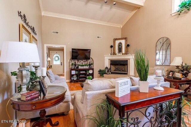 living room featuring high vaulted ceiling, light hardwood / wood-style floors, and beam ceiling