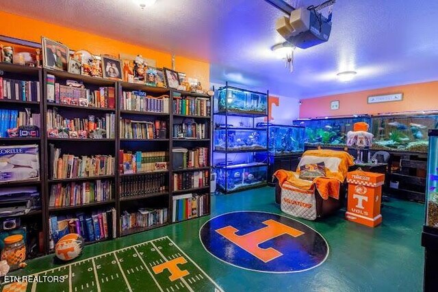 recreation room with a textured ceiling