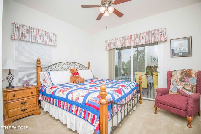 bedroom with light carpet, access to outside, and ceiling fan