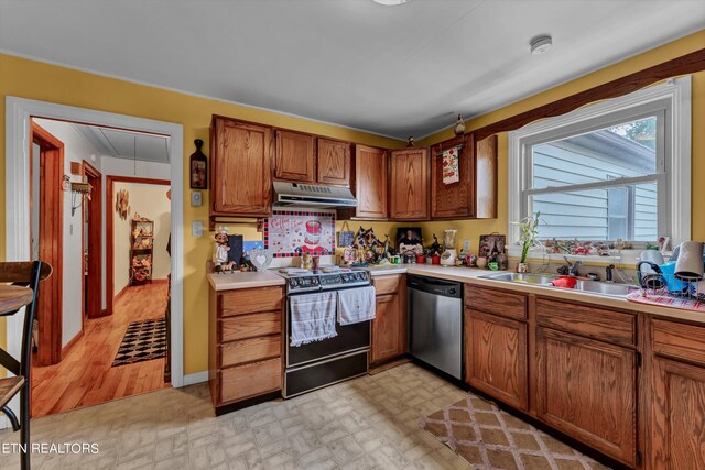 kitchen featuring electric range, sink, stainless steel dishwasher, and light hardwood / wood-style floors