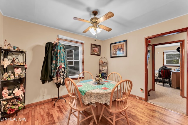 dining space with light colored carpet and ceiling fan