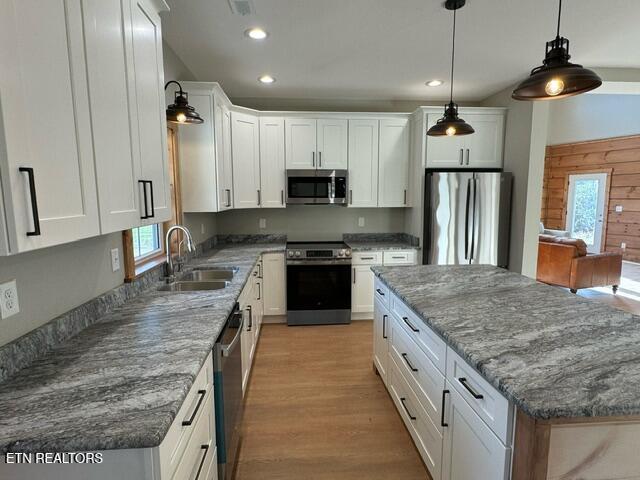 kitchen with appliances with stainless steel finishes, white cabinetry, plenty of natural light, and sink