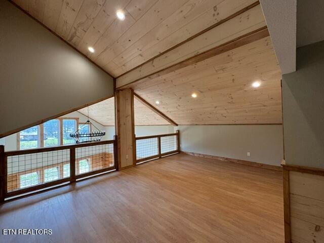 bonus room with hardwood / wood-style flooring, wooden ceiling, and vaulted ceiling