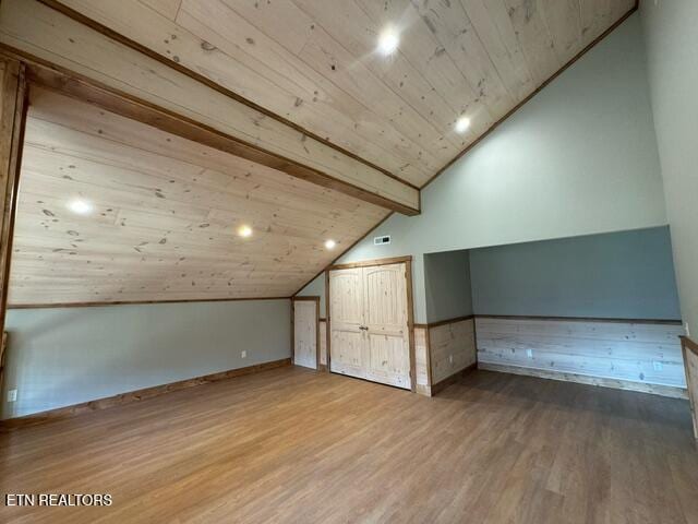 bonus room with hardwood / wood-style flooring, lofted ceiling with beams, wooden ceiling, and wooden walls