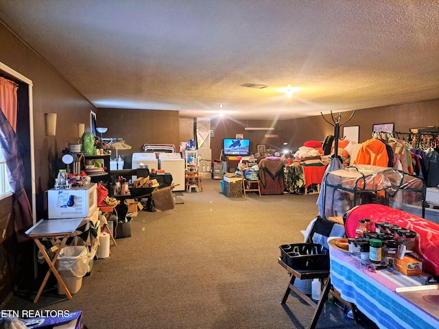 basement with a textured ceiling and carpet flooring
