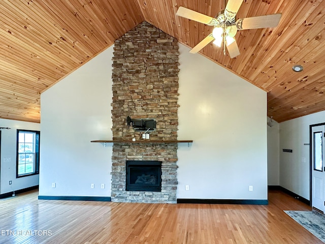 unfurnished living room with wood-type flooring, high vaulted ceiling, and wood ceiling