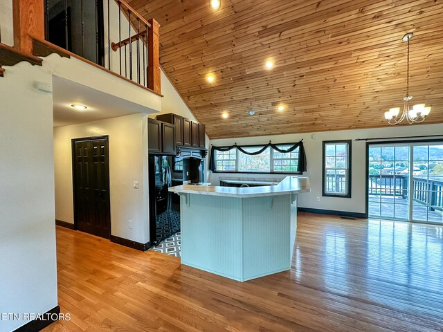 kitchen featuring wood ceiling, high vaulted ceiling, light hardwood / wood-style flooring, and hanging light fixtures