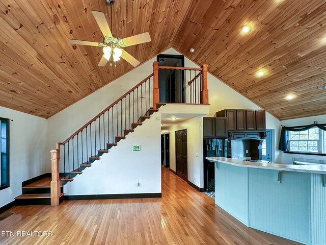 kitchen featuring kitchen peninsula, ceiling fan, light hardwood / wood-style floors, wooden ceiling, and dark brown cabinetry