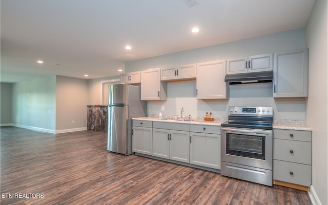 kitchen featuring under cabinet range hood, appliances with stainless steel finishes, dark wood finished floors, and a sink