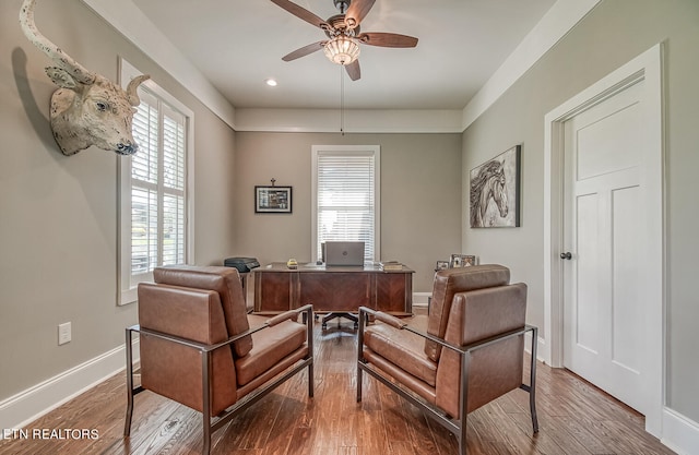 office with ceiling fan, baseboards, wood finished floors, and recessed lighting