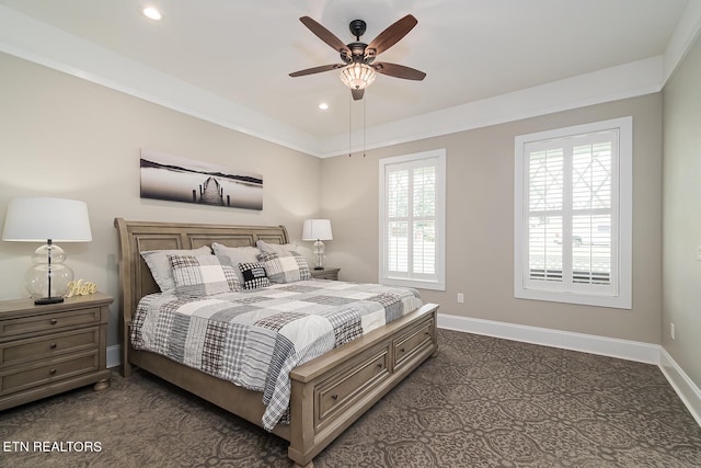 bedroom featuring ceiling fan, baseboards, dark carpet, and recessed lighting