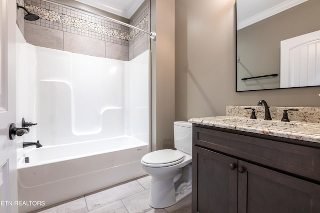 full bathroom with shower / bath combination, toilet, vanity, tile patterned floors, and ornamental molding