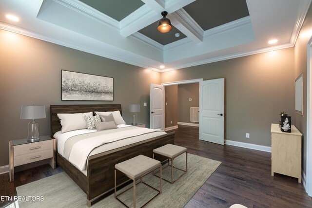 bedroom with ornamental molding, coffered ceiling, and dark hardwood / wood-style floors