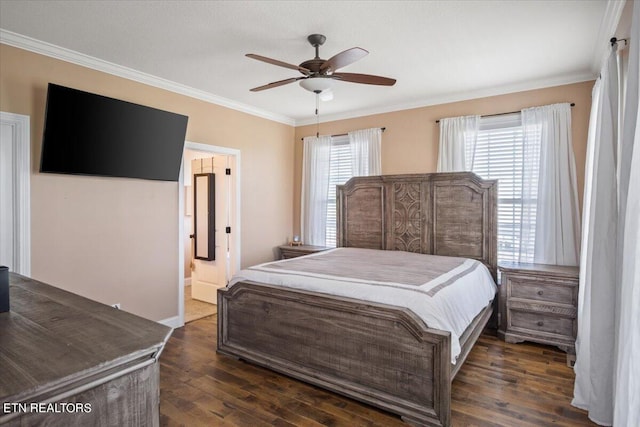 bedroom with ensuite bathroom, multiple windows, ceiling fan, and dark wood-type flooring