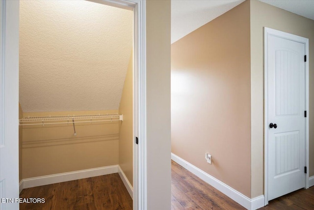 interior space featuring lofted ceiling and dark hardwood / wood-style flooring