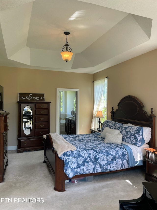 bedroom featuring multiple windows, carpet, and a raised ceiling