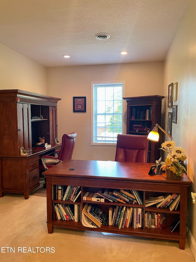 carpeted office space featuring a textured ceiling