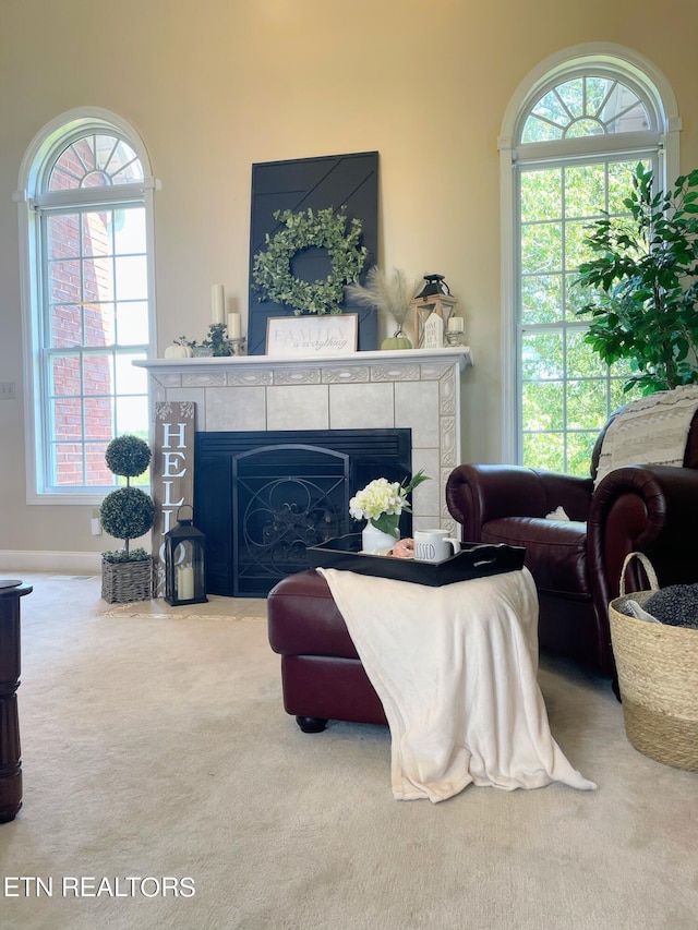 living room with a tile fireplace and carpet floors