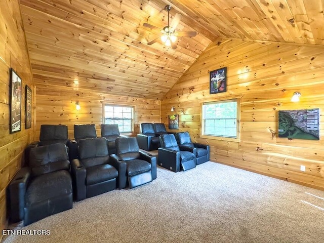 home theater featuring wood ceiling, wooden walls, vaulted ceiling, and carpet